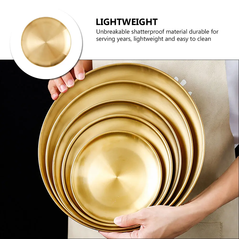 

Cafe Tray Dinner Serving Dish Gold Stainless Round Food Salad Kitchen Bbq Lightweight Style Unbreakable Shatterproof Storage