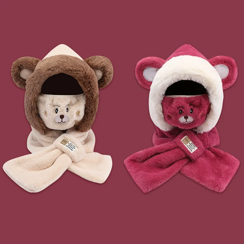 Warm Winter Hat Cute Bear Hat Scarf Scarf All-In-One Women\'s Winter Earmuffs Lei Feng Hat Plush Cycling Warm Ski Hat