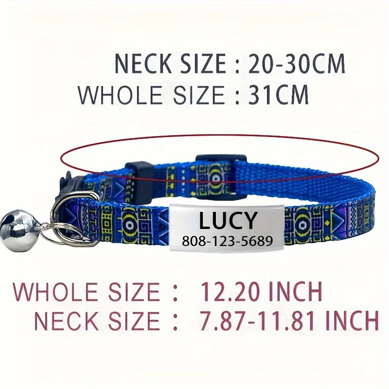 Soft cat collar with Bohemian floral and geometric patterns - including personalized ID tags, colorful ethnic style kittens