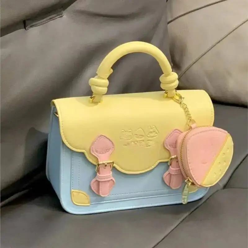 Sweet Cute Color Block Handbag Women JK Academy Style Square Leather Shoulder Ladies Fashion Minimalist Kawaii Messenger Bag
