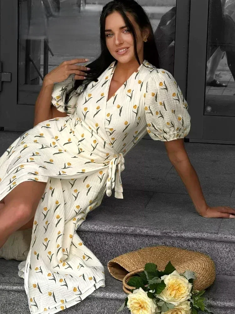 NEW Summer Women's Light Long Dress 100% Cotton A-line Midi Dresses with Side Slits Flowers Elegant Beige Dress for Women