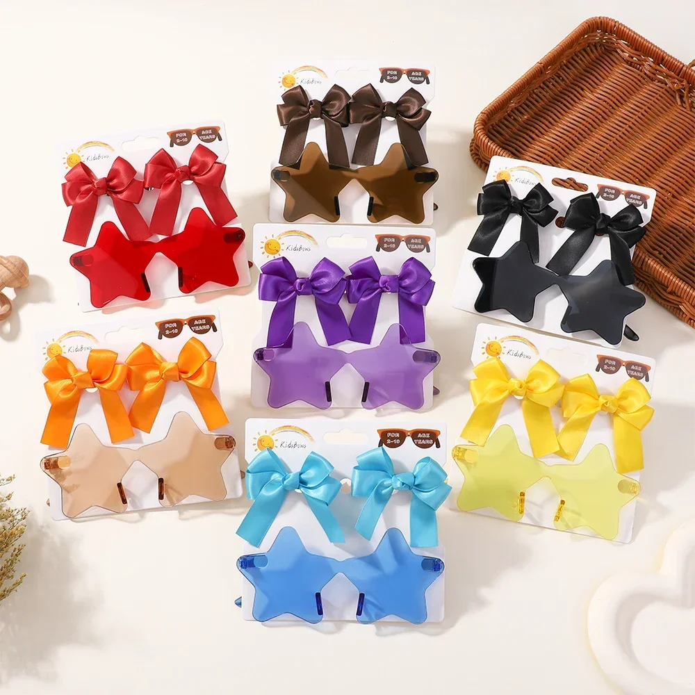 

Милые большие атласные аксессуары со звездами, наборы очков для маленьких девочек, Милая женская мода, солнцезащитные очки, головные уборы