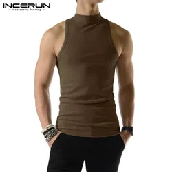 2023 Men Tank Tops Solid Color Turtleneck Sleeveless Knitted Casual Vests Summer Streetwear Fashion Men Clothing INCERUN S-5XL