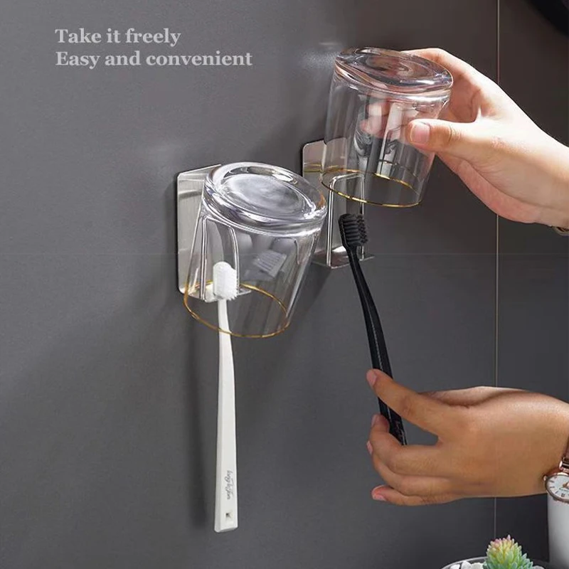 Self-adhesive Wall Mount Stainless Steel Toothbrush Holder Punch-free Toothpaste Organizer Mouthwash Cup Stand Bathroom Tools