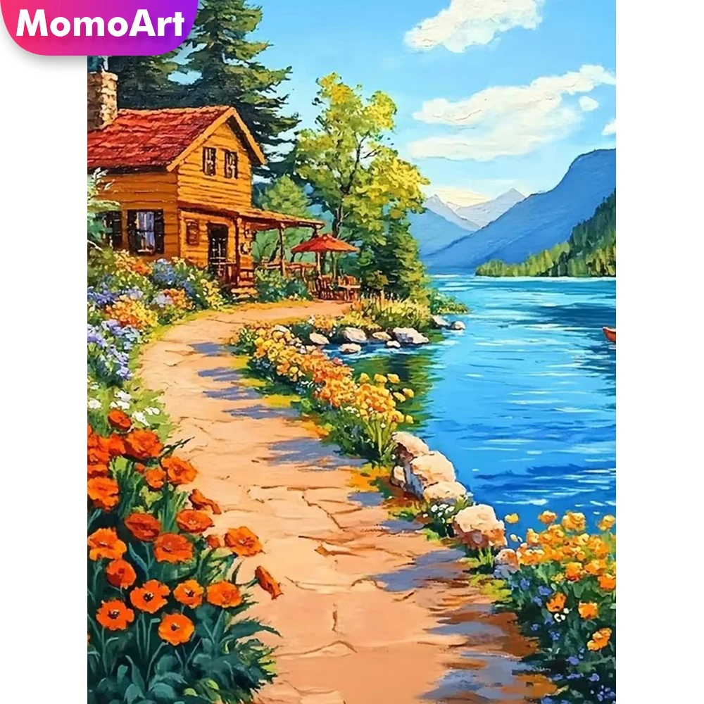 Momoart Diamantmalerei Fluss DIY Bild Strass Haus Diamantmosaik Dorf Landschaft Stickerei Straßendekoration für Zuhause
