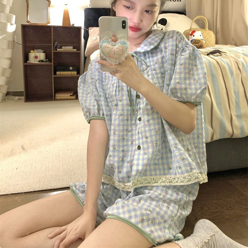 Plaid Women Pajamas Summer Floral Sleepwear Sleeveless Piiama Korean Night Wears Sets 2 Pieces Peter Pan Collar Home Suit 2024