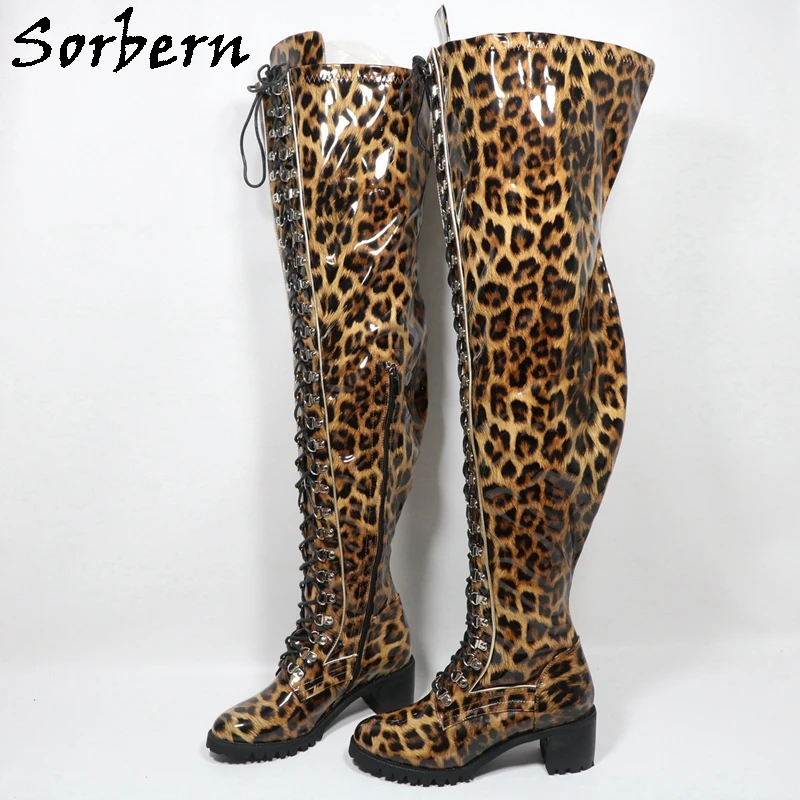 Sorbern Leopard Shiny Low Heel Boots For Women Rubber Sole Unisex Style Lace Up Shoes Ladies Round Toe Custom Wide/Slim Fit Legs