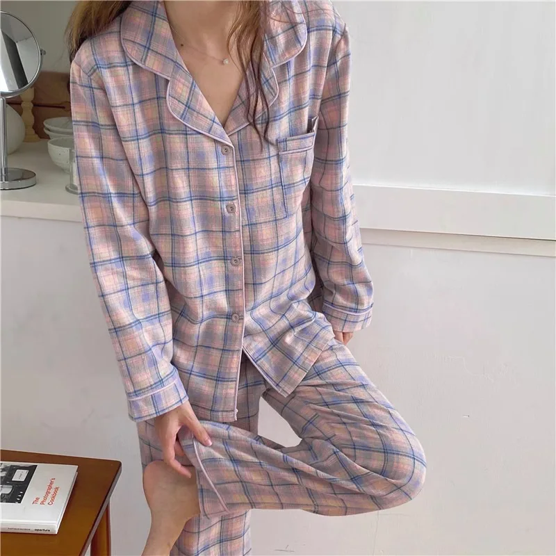 Spring and Autumn New Women\'s Pajamas Homewear Set Student Girls Simple Leisure Girls Can Go out Pajamas Cardigan Homewear Set