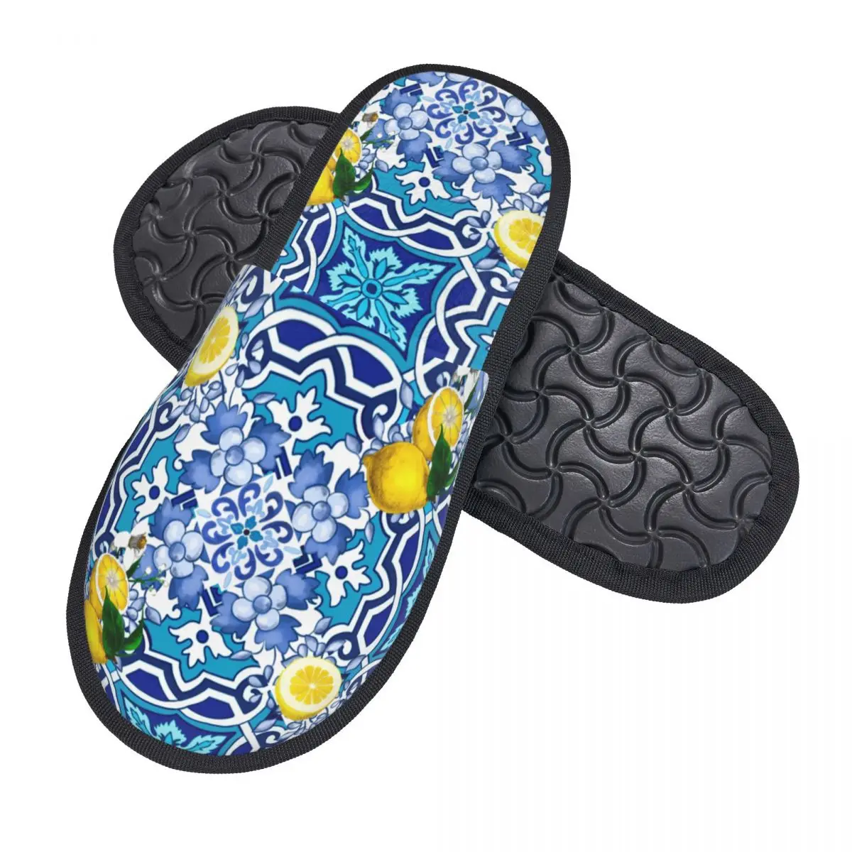 Custom Mediterranean Sicilian Tiles Lemons Citrus Soft Memory Foam House Slippers Women Comfy Warm Anti-Skid Slipper