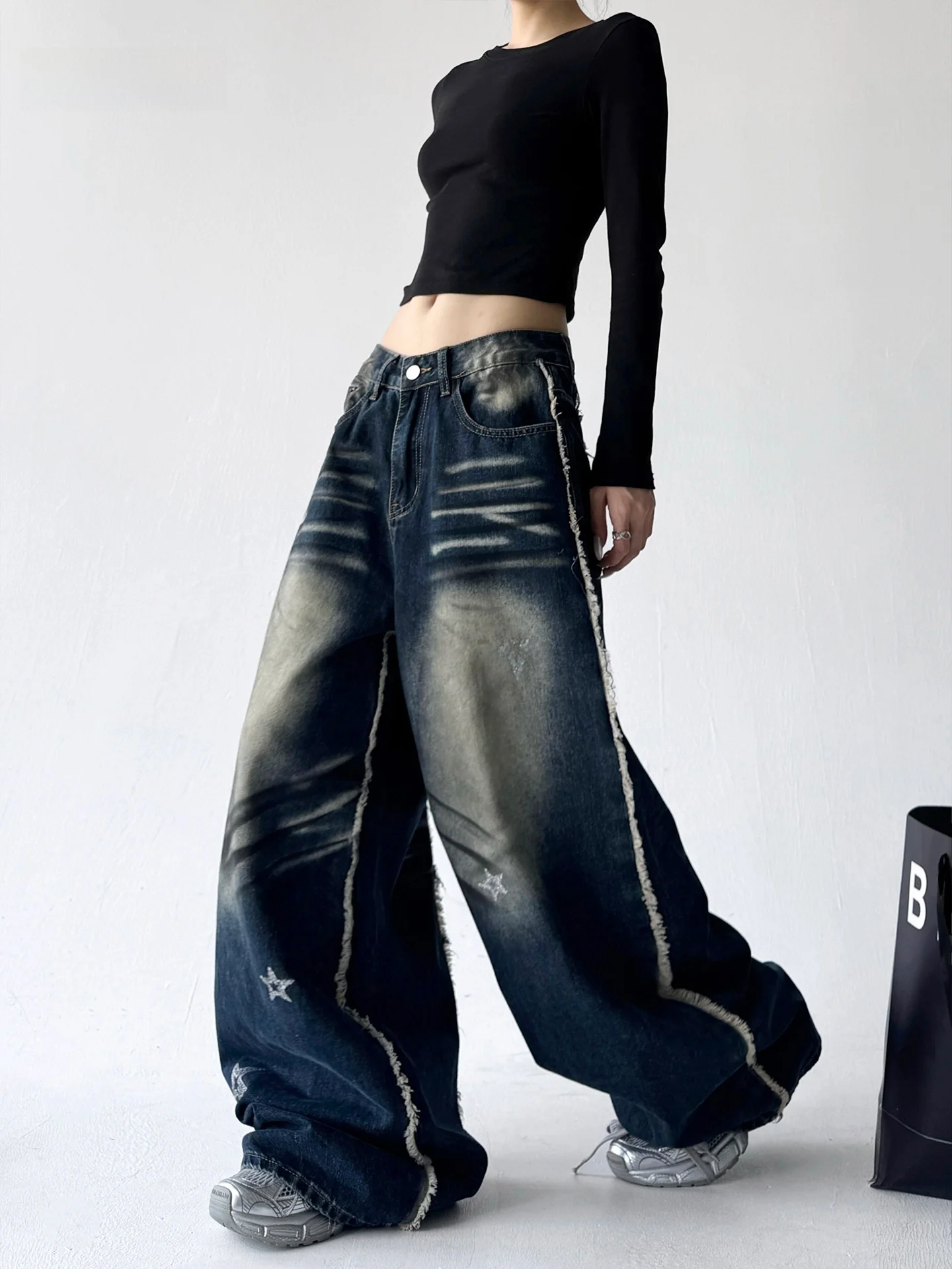 

Свободные широкие джинсы с высокой талией, женские повседневные хлопковые джинсовые брюки, осенний бренд Faion Wood Yuzi