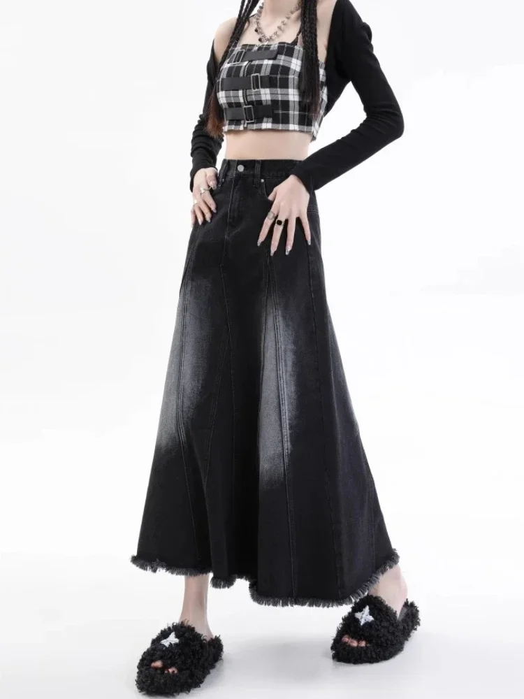 Denim Skirts Women Autumn New High Waist Slim Casual Mid-length Raw Edge Design Temperament OL Streetwear Aesthetic Prevalent