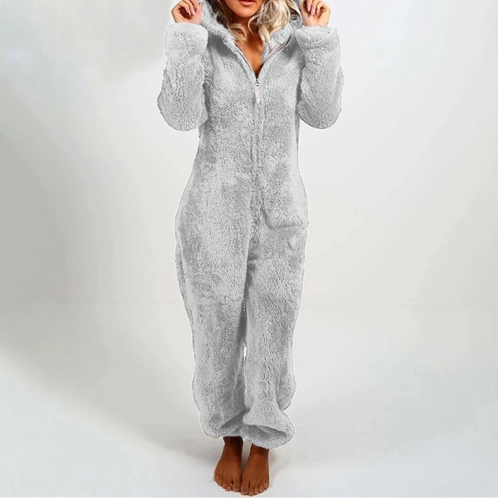 Macacões femininos outono inverno confortável zíper simples manga longa com capuz tornozelo casual macacão ajuste regular