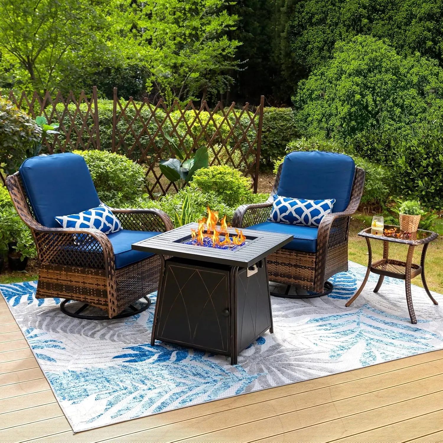 Outdoor Swivel Rocker Chairs Set with Fire Pit Table, Rattan Patio Furniture Set  with  Chairs, Coffee Table, and Fire Pit Table