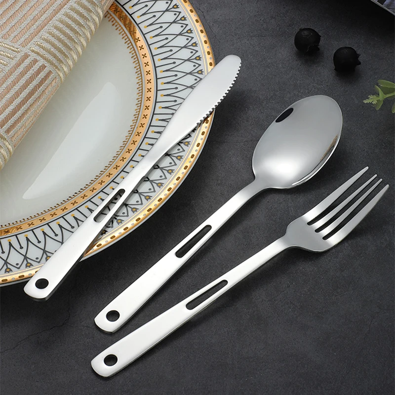 Outdoor Stainless Steel Cutlery Fork Spoon and Western Cutlery Set Portable Travel Camping Home Three-Piece Set Creative Hollow