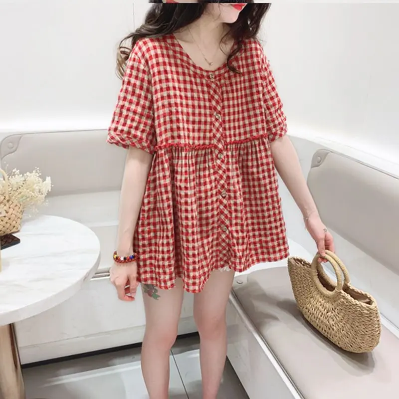 Sweet Plaid Loose Shirt Tops Summer New Short Sleeve Button Thin All-match Youth Fashion Blouse Vintage Casual Women Clothing