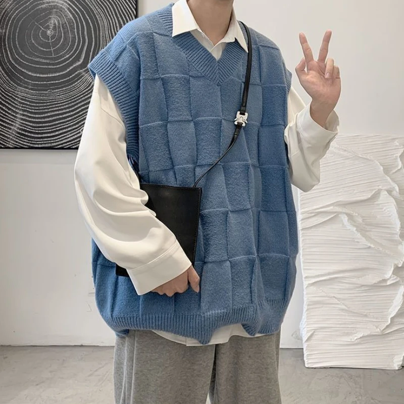 Men's Knit Vest V-Neck Hong Kong Style Solid Check Loose Sleeveless Couple Ins Trendy All Match Pullover