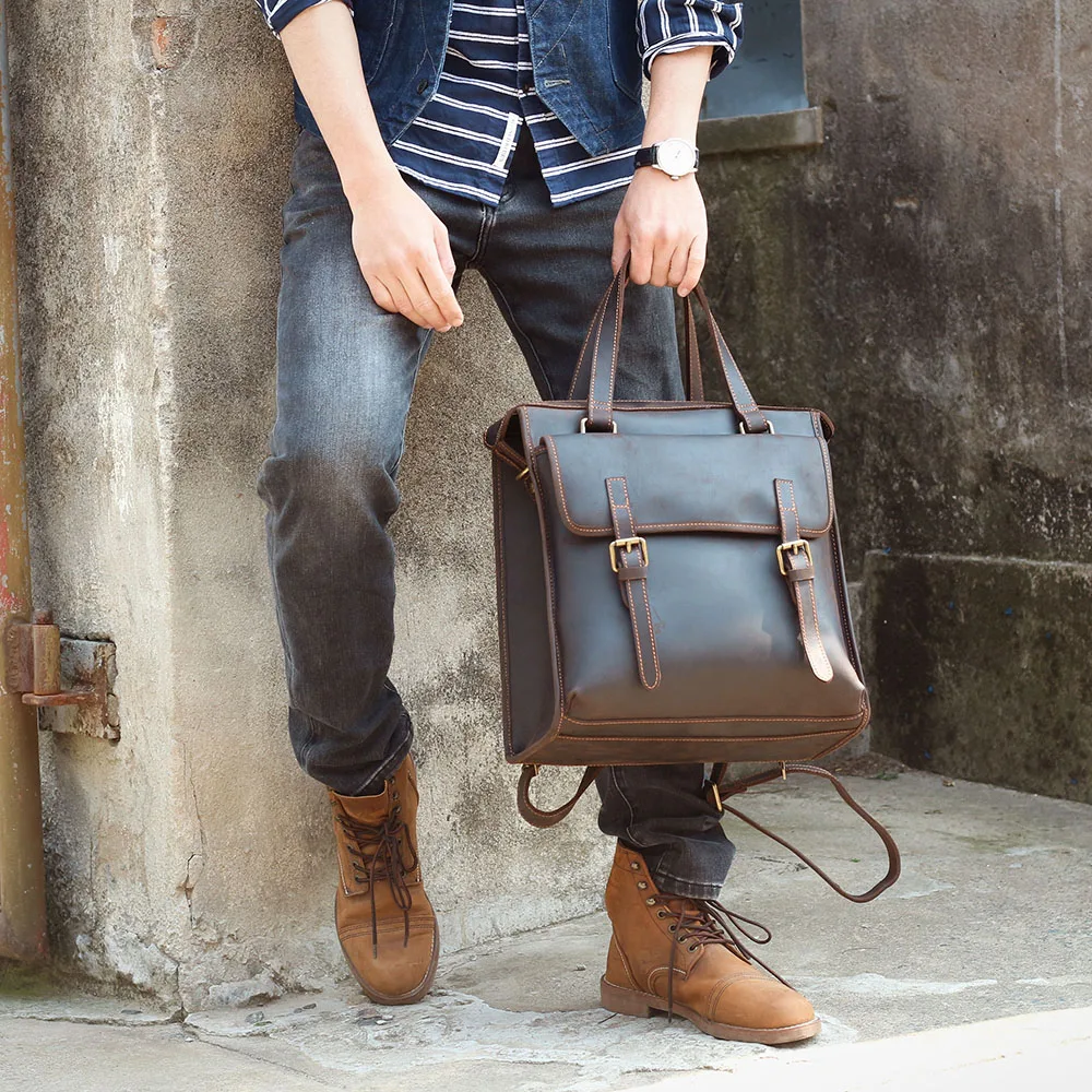 S.WORKER Vintage Echtleder Laptop-Rucksack Herren Casual Schultasche Crazy Horse Rindsleder Tasche Aktentasche Umhängetasche – Detail 6