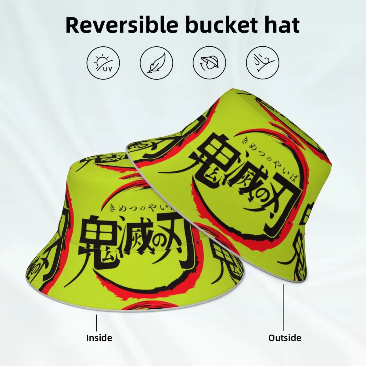 Demon Slayer Logo Reflective Bucket Hat Kimetsu no Yaiba Reversible Hiking Fisherman Hats Classic Custom Sun Hat