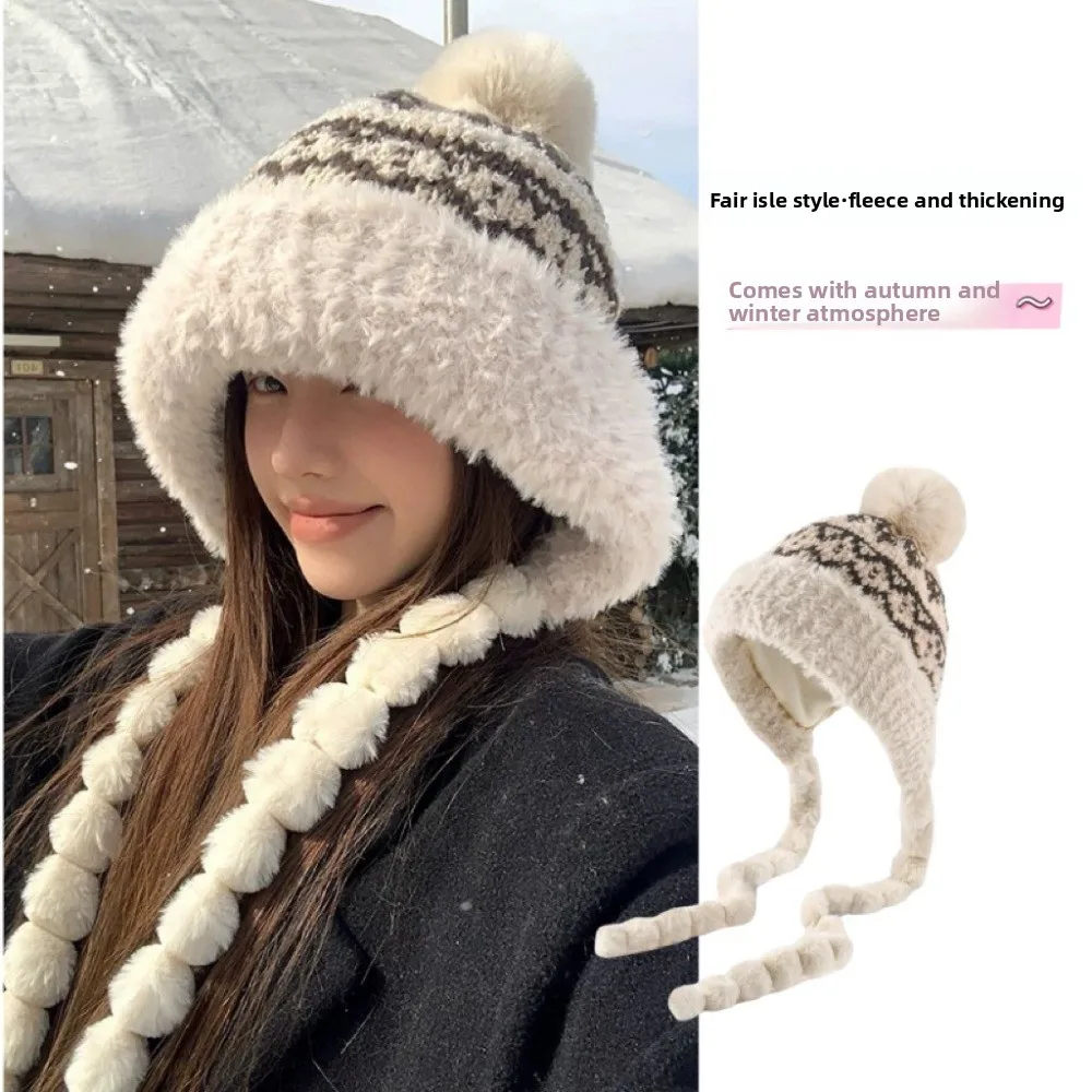 

New Warm Warm Ear Protection Hat Cute Ethnic Style Bear Ears Hat Pompom Fluffy Soft Bucket Hat for Women