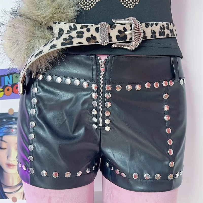 Shorts en cuir PU polyvalents pour femmes, style original européen et américain, Y2K, fille branchée, punk, sous-culture rétro, rivets