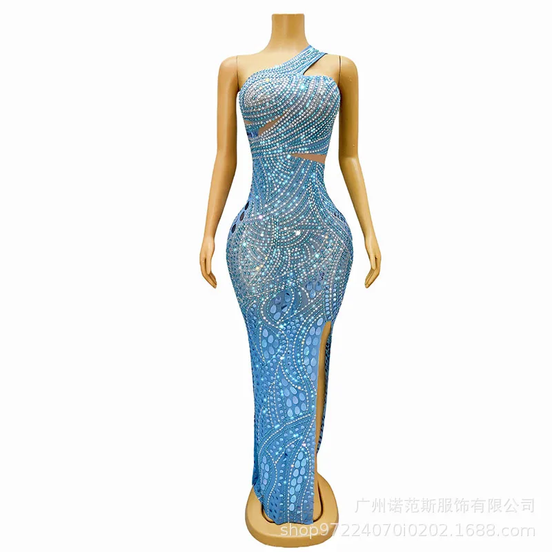 

Sexy Blue Side Split White Premium Cocktail Party Social Evening Fashion Catwalk Dress Woman Dresses For Church Dazzling Dresses