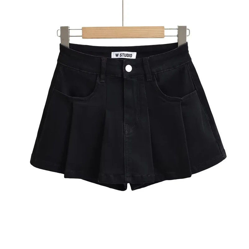 Summer new style preppy style pleated denim mini skirt retro for women clothing high waist slightly stretch denim skirt