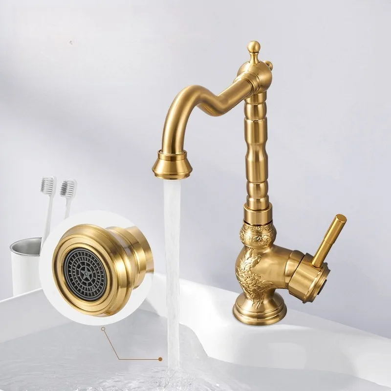 Basin Faucet, Golden Retro Washbasin Faucet, Hot and Cold Dual-use, All Copper High-end Antique Style Faucet