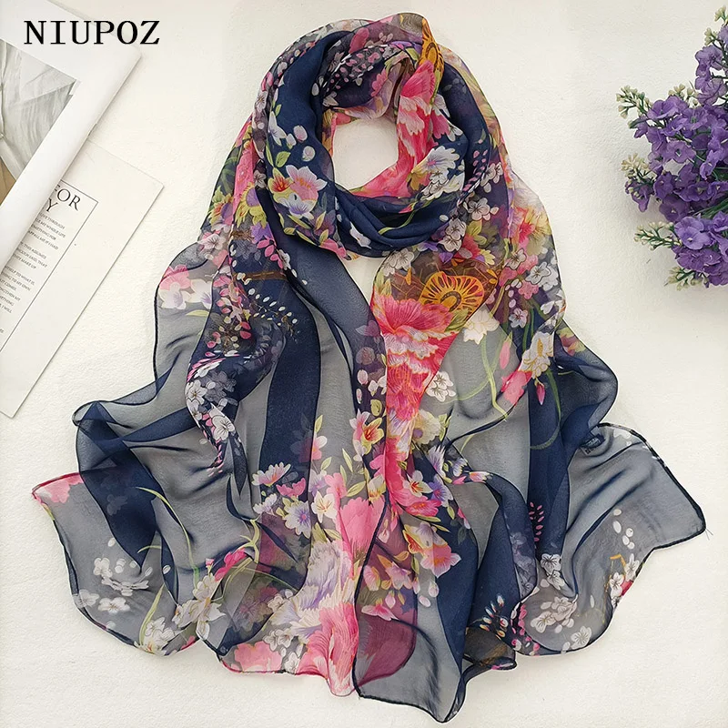 Women Foulard Elegant Chiffon Georgette Scarf Plum Bossom Summer Bandana Travel Sunscreen Thin Breathable