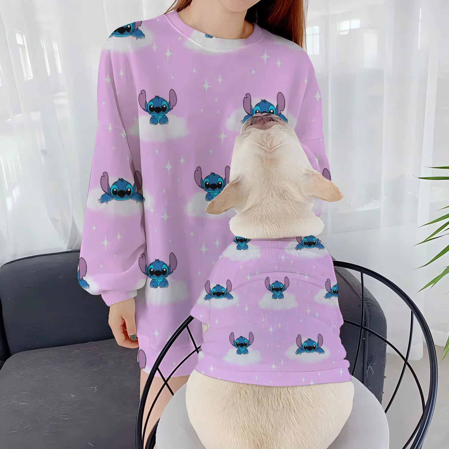 Casual Sweatshirts Women Clothing Pet Long Sleeve Parent-Child Clothes Round Neck Disney Pullover Stitch Winter 2024 Dog Women's