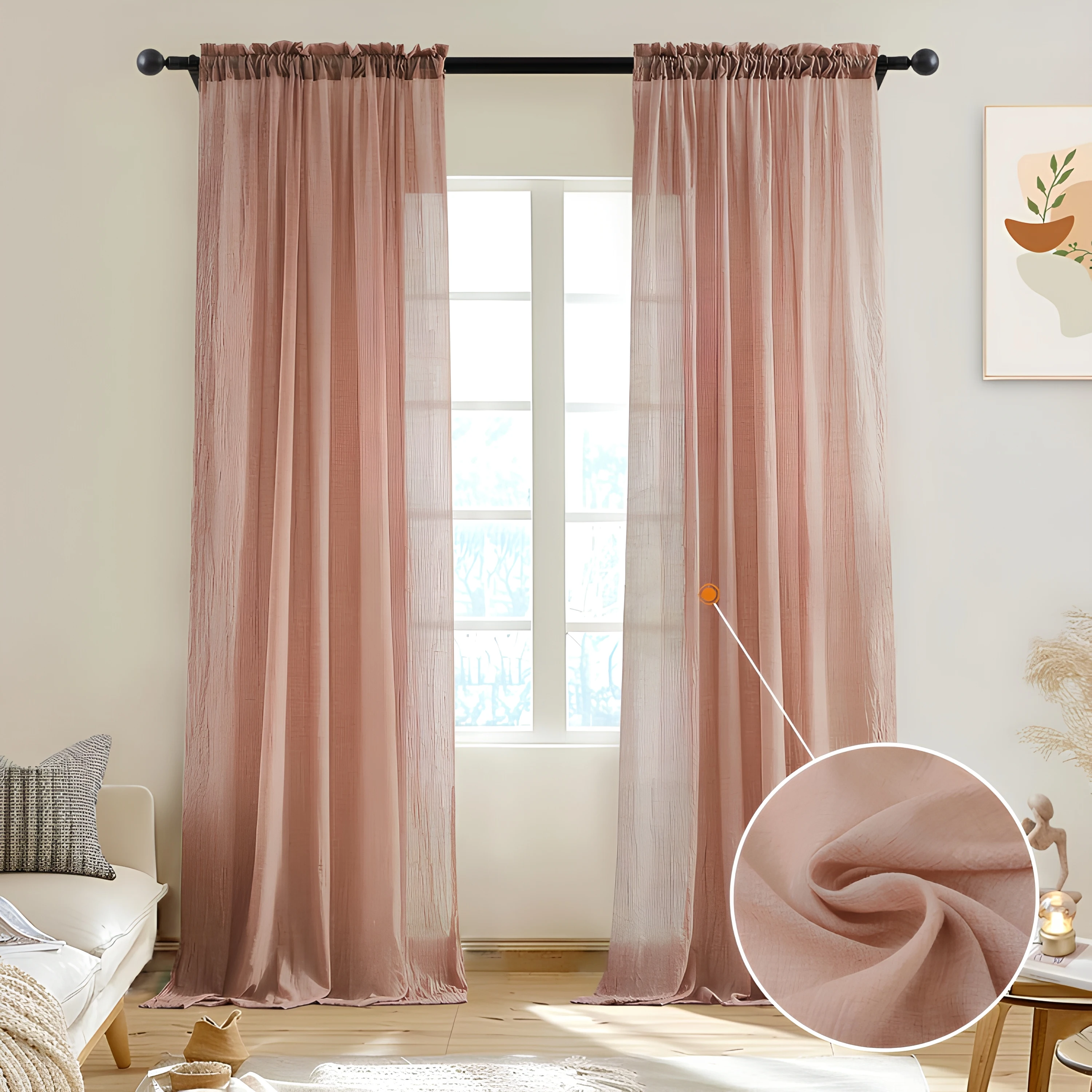 Blush Pink Cotton Sheer Natural Light Filtering Crepe Voile Drapes for Bedroom Living Room Rustic Style