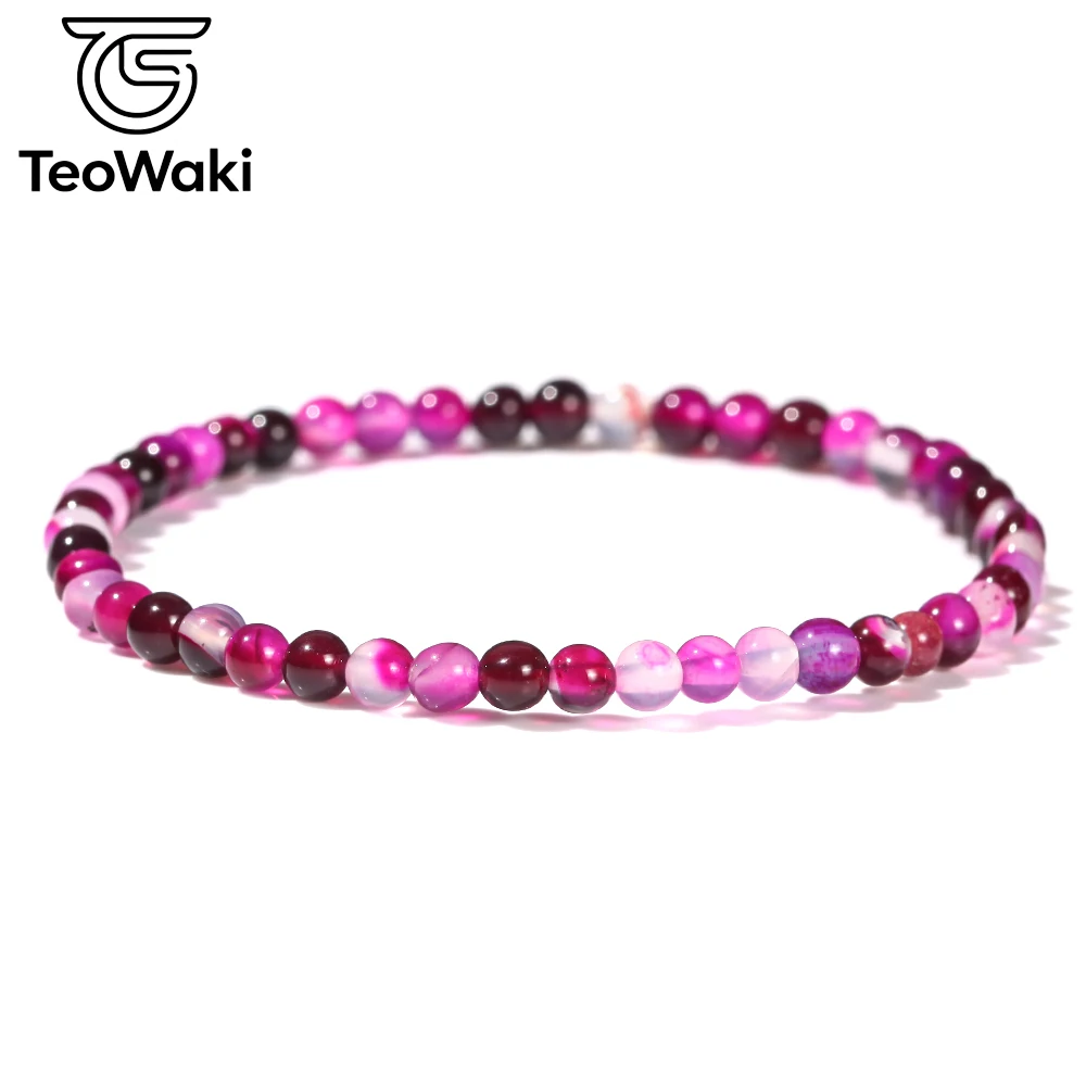 TeoWaki 4/6/8/10mm Natural Fuchsia Stripe Agate Elastic Bracelet for Women Men Stress Reduction Maintaining Mental Balance 19cm