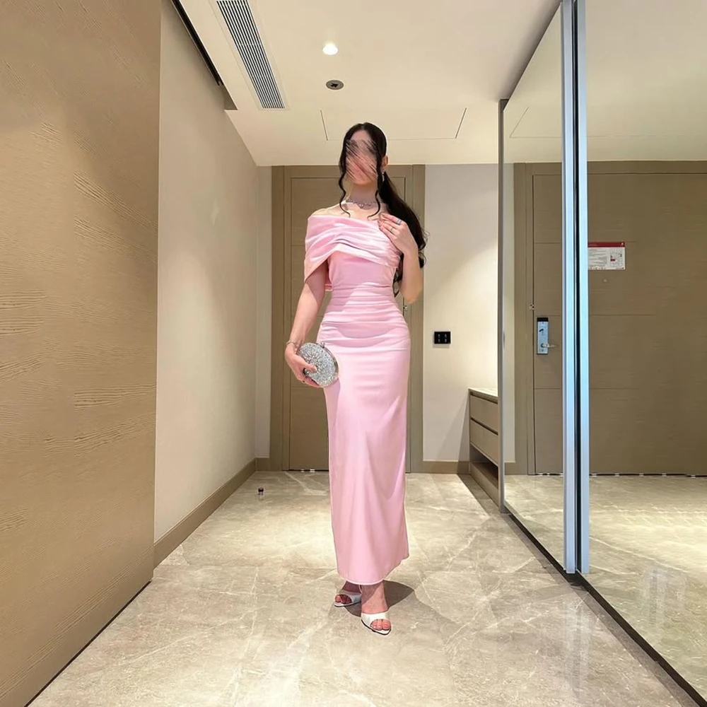 

Pink Prom Dresses Customized One Shoulder Pleated Soft Satin Mermaid Evening Gowns Ankle Length Simple Formal Party Dress 2025