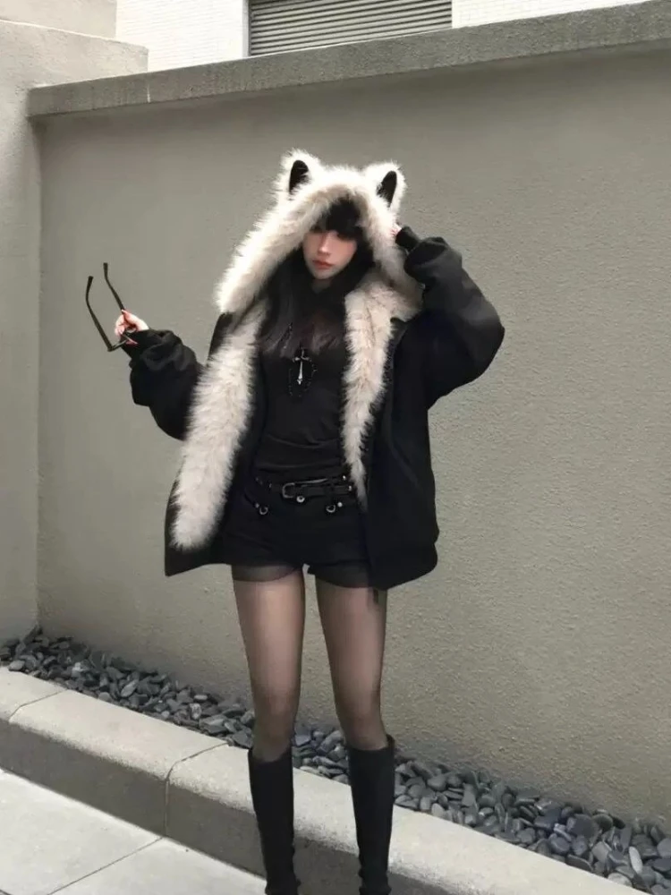 Y2k الأمريكية خمر سترات طويلة الأكمام مقنعين المرأة آذان القط عادية معطف لون نقي فو الفراء طوق الشارع الشهير 2025 الخريف