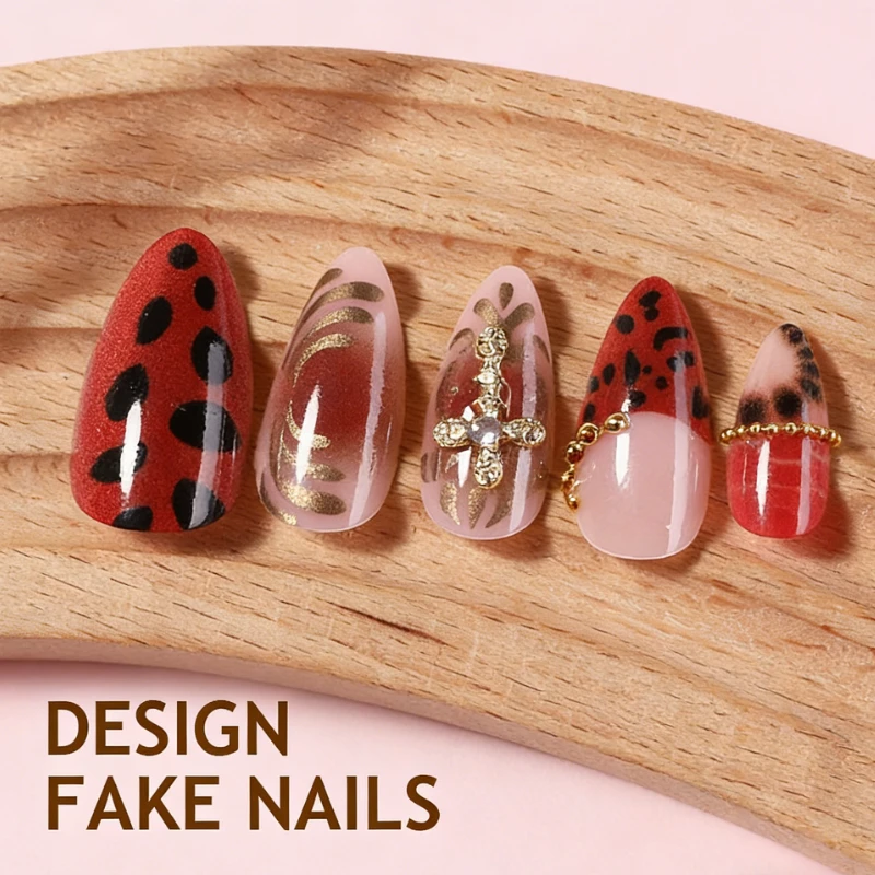 

24PCS Almond False Nails with French Leopard Red Cherry 3D Floral Fake Nails Luxury High End Sweet Spicy Style Press on Nails