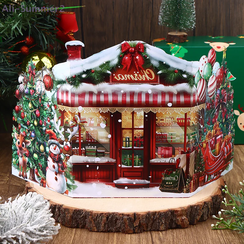 قطعة واحدة من بطاقة عيد الميلاد ثلاثية الأبعاد مع منزل شتوي ثلجي ومغلف بتصميم سانتا كلوز يتضمن تحية احتفالية لأصدقاء العائلة #3