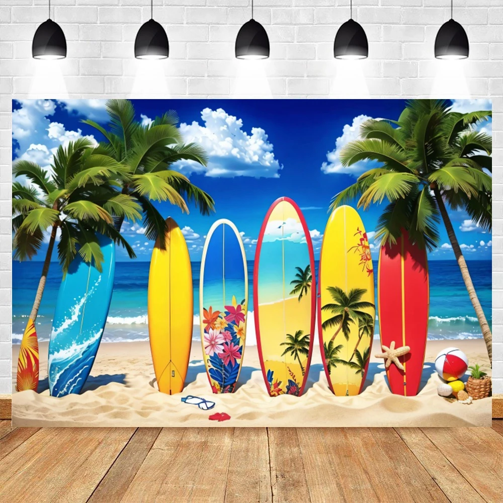 Summer Tropical Beach Hawaiian Backdrop Aloha Luau Seaside Flamingo Ocean Surfboard Holiday PartyBirthday Photography Background