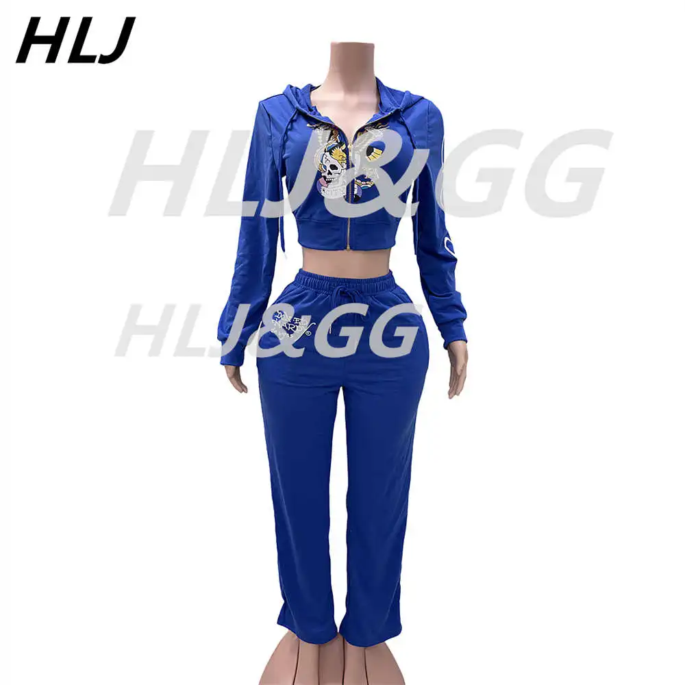 HLJ Y2K Fashion Pattern Print Two Piece Sets Women Zipper Hooded Long Sleeve Crop Top And Pants Outfits Autumn New 2pcs Clothing