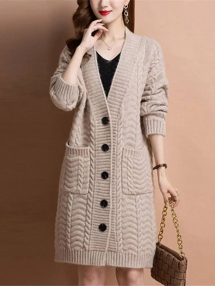 Elegant V Neck Knitted Sweater Cardigans Women Autumn Long Sleeve Loose Oversized Sweater Korean Basic Single Breasted Coat Tops