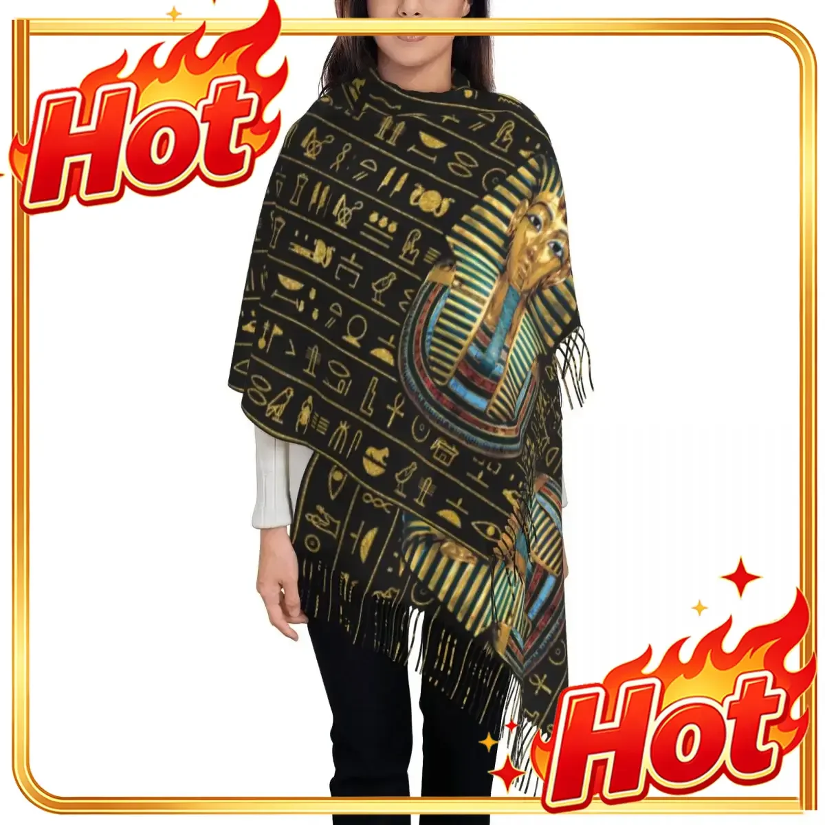 Custom Printed Ancient Gold Pharaoh Egypt King Tut Scarf Men Women Winter Fall Warm Scarves Egyptian Hieroglyphic Shawl Wrap