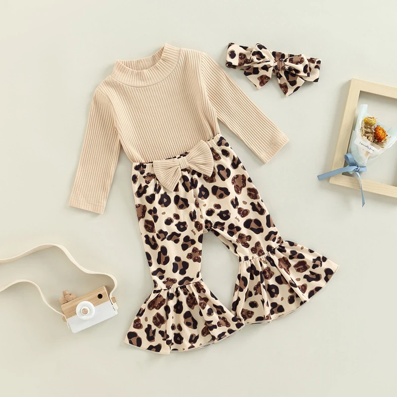 0-18M Baby Girl Casual Autumn Suit Solid Color Rib Long Sleeve Turtleneck Jumpsuit + Mosaic Print Flared Pants + Headband