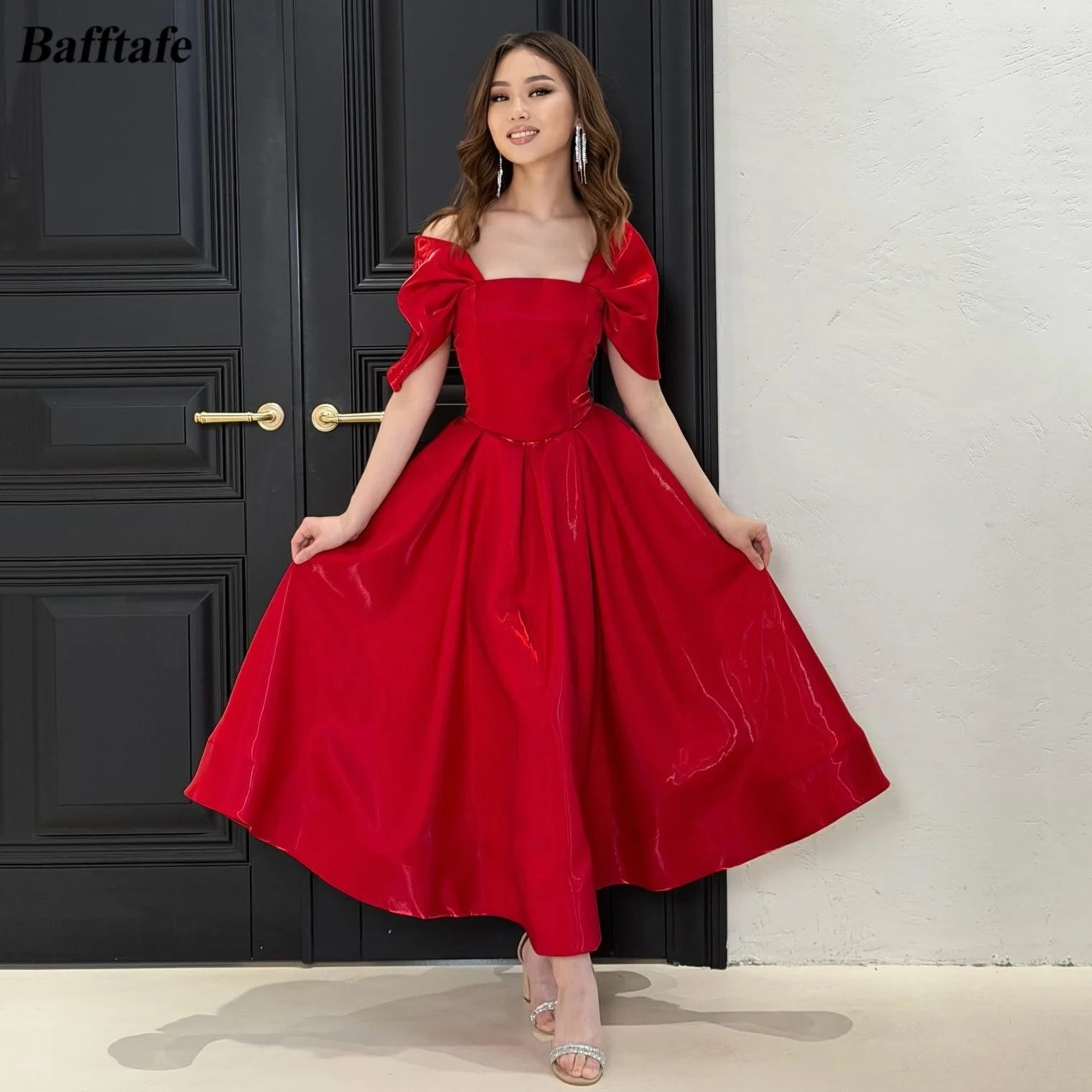 

Bafftafe Red Shiny Satin Midi Prom Dresses Customized Women's Occasion Party Birthday Dress Corset A Line Formal Evening Gowns