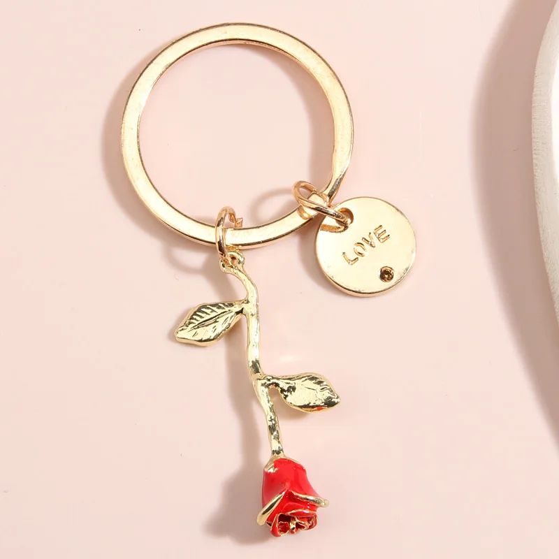 Enamel Keychain Rose Flower Key Ring Love Key Chains Valentine\'s Day Gifts For Couple Lovers Handbag Accessorie DIY Jewelry