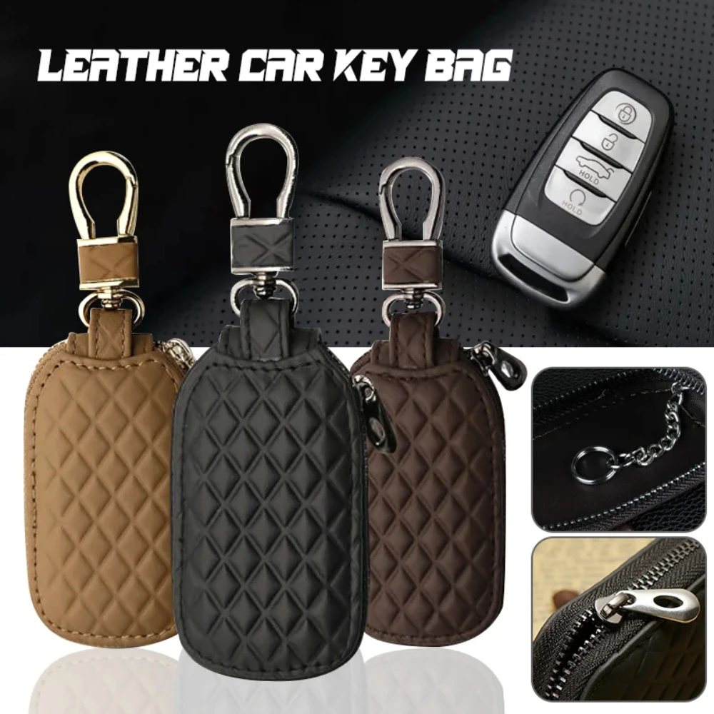 1pc Universal Key Fob Cover, Car Key Case Key Fob Protector, Genuine Leather Car Keychain Holder Metal Hook Key Ring Zipper Bag