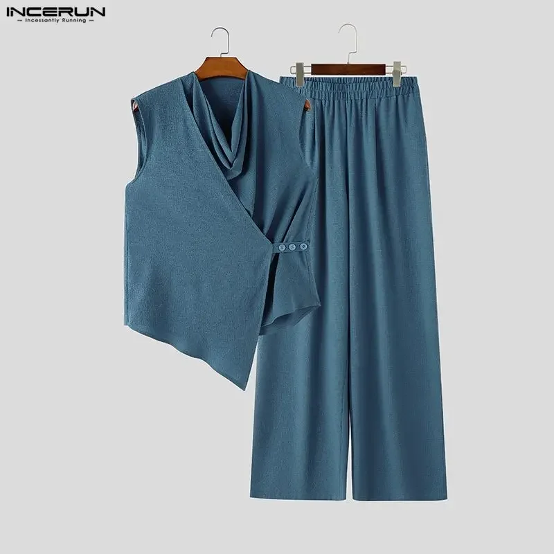 INCERUN Men Sets Solid Color Sleeveless Irregular Shirt Pants Two Piece Sets Streetwear 2026 Casual Men Matching Sets Tracksuits view 4
