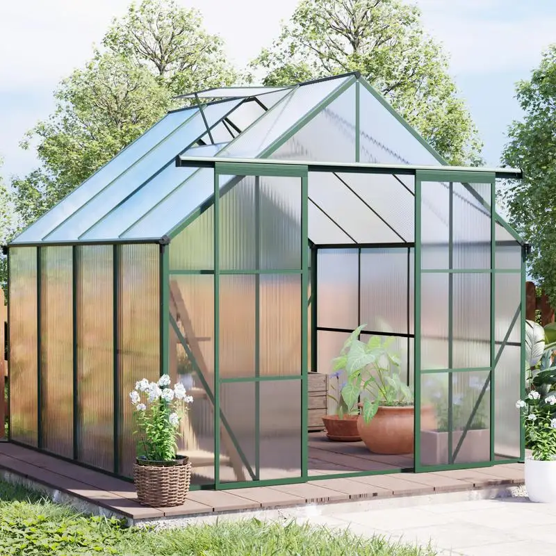 

8x8 FT Double Door Polycarbonate Greenhouse with Raised Base and Heavy Duty Aluminum Frame for Year-Round Outdoor Use, Green
