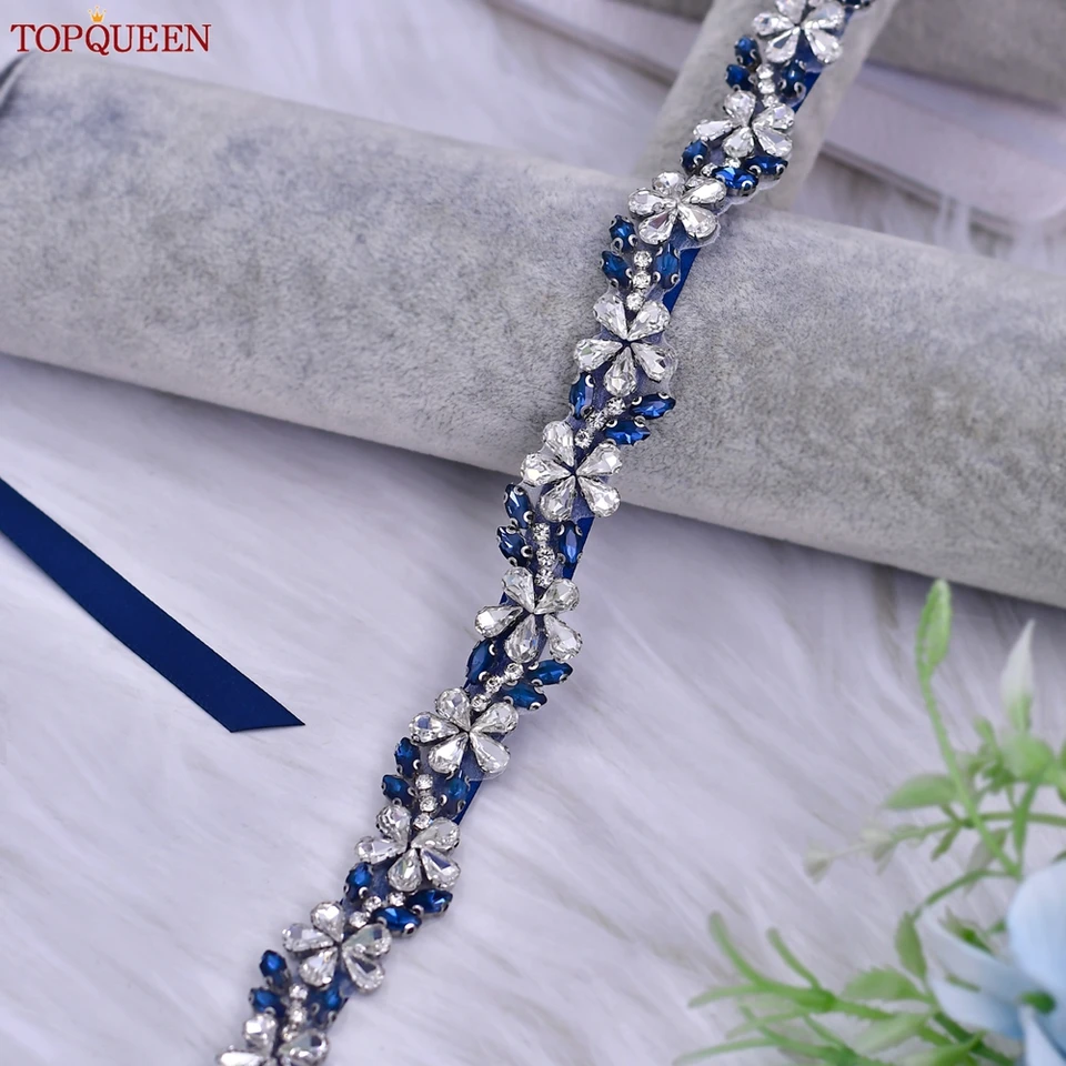 TOPQUEEN Bridal Thin Belt Navy Blue Rhinestone Jewelry  display picture 3