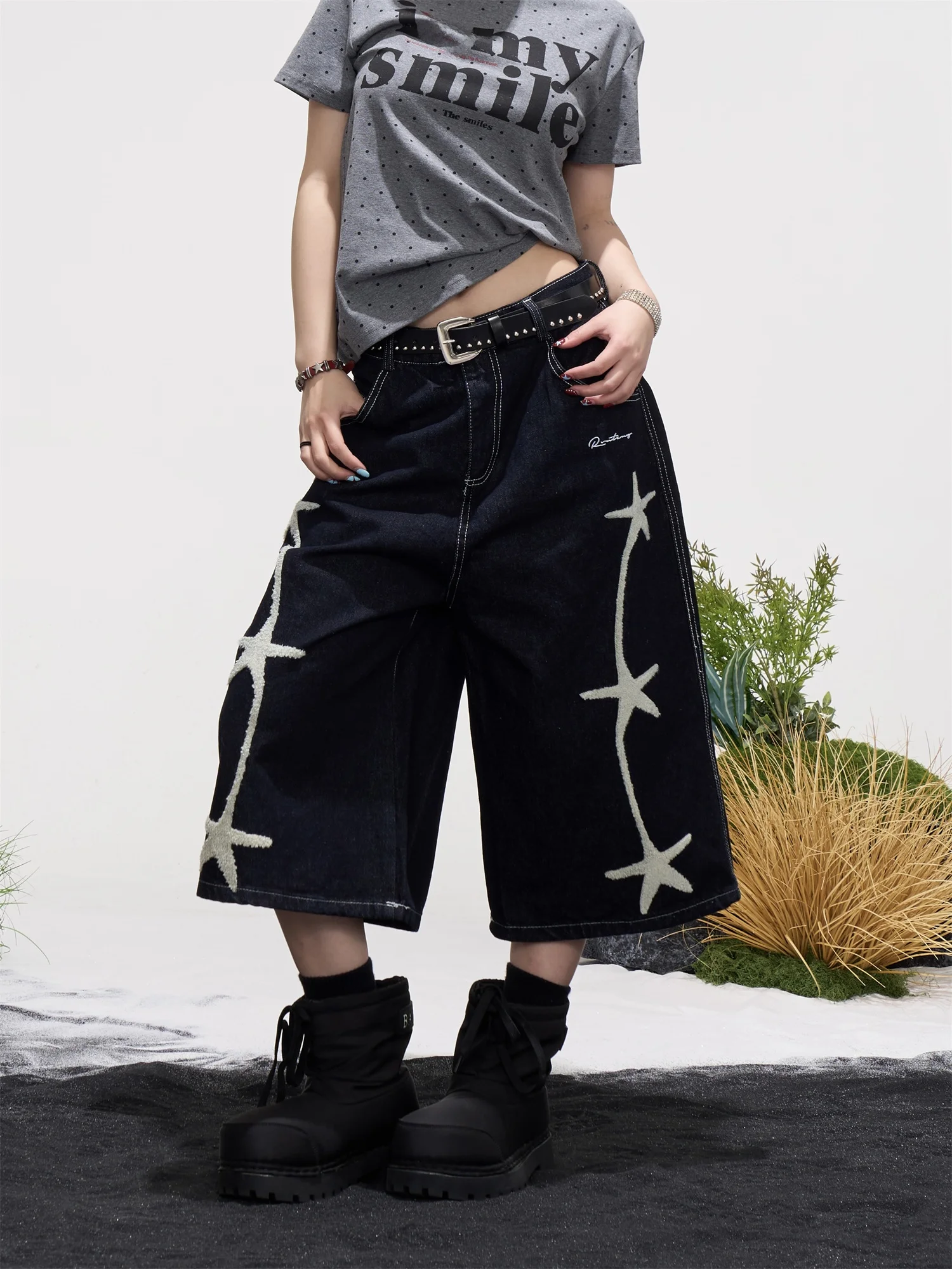 

Onlpp American Retro Star Embroidery Denim Jeans Women's Summer Loose Wide Leg Slimming Casual Pants Machine Embroidery Natur...