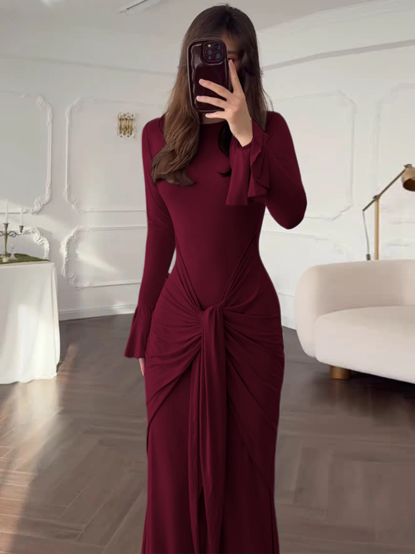 Dulzura O-Neck Long Flare Sleeve Ruched Lace Up Slim Long Dress Women'S Fashion Elegant Clothes Party Club Street Autumn Outfit