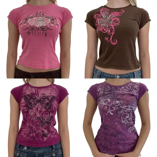 Y2k Fairy Grunge Camisa Top para mujer de manga corta Vintage gráfico Crop Tee Top estético gótico Grunge ropa de calle