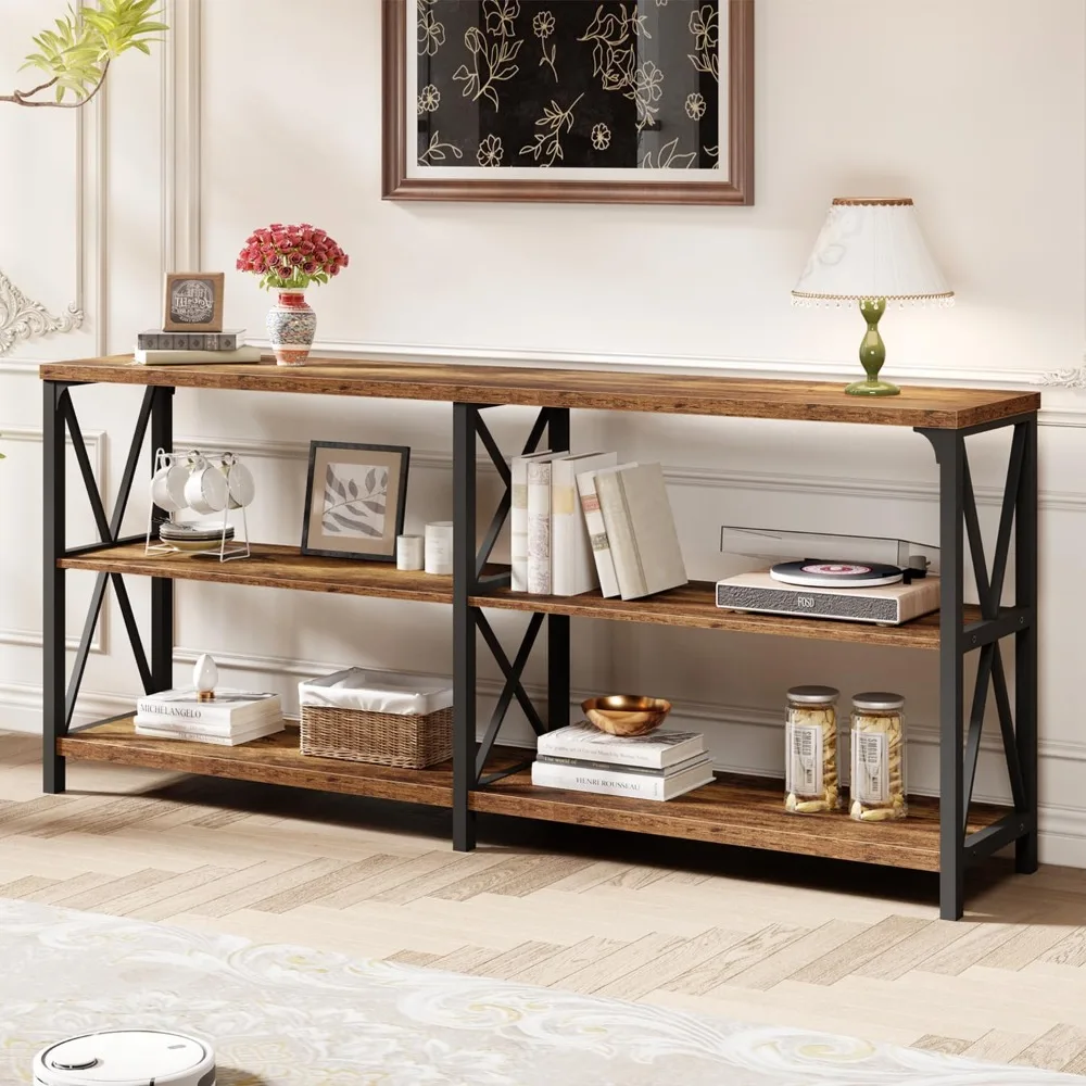 

Rustic Console Table, Modern Entryway Table with Storage Shelves, Industrial Metal Wood Sofa Tables Behind Couch, Farmhouse